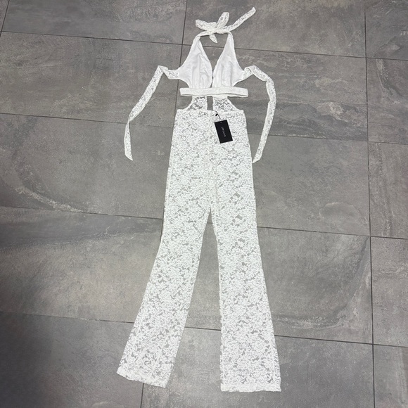 Outcast Suede Jumpsuit White Lace XS Pantsuit Halter Plunge Festival Sheer NWT - Picture 6 of 10